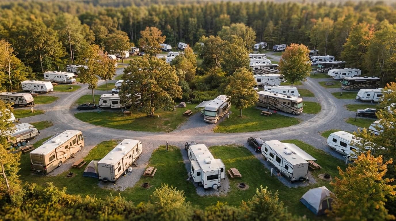 Aerial view of a busy RV campground nestled within a forest, showing numerous motorhomes, travel trailers, and tents stationed at grassy campsites along winding gravel roads.