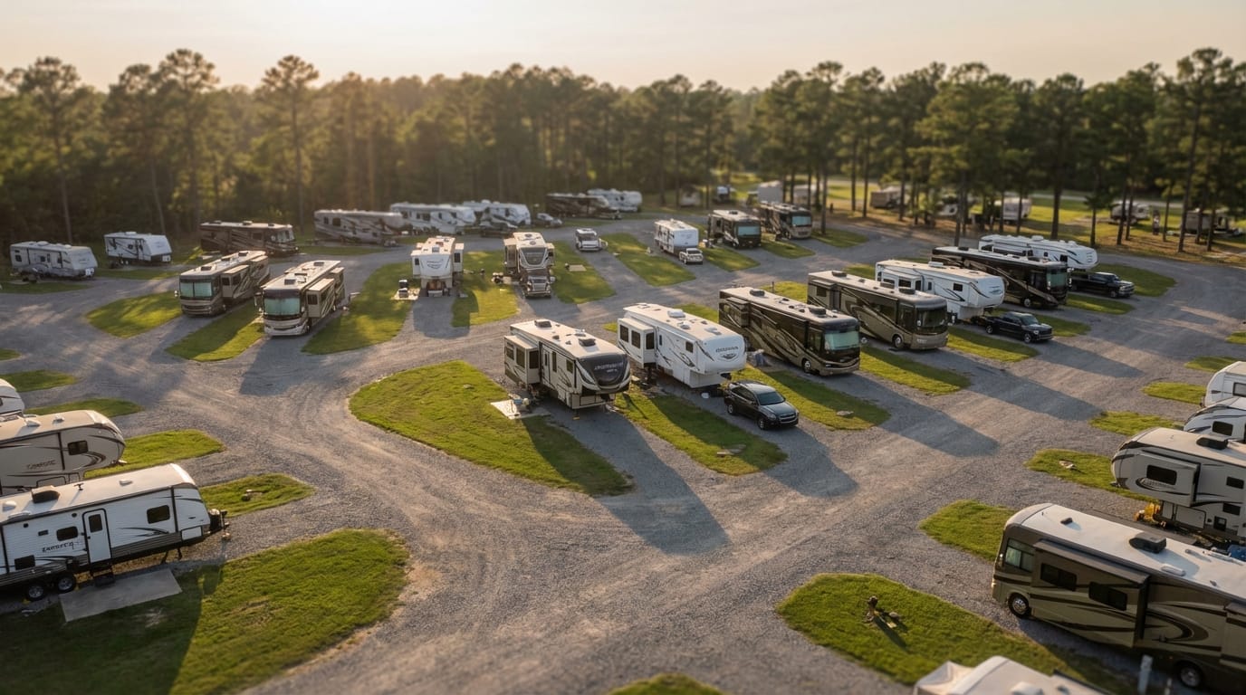 Aerial view of a packed RV park and campground during the golden hour, featuring rows of luxury motorhomes, fifth wheels, and travel trailers parked on gravel pads separated by manicured grass lawns with a dense pine forest backdrop.