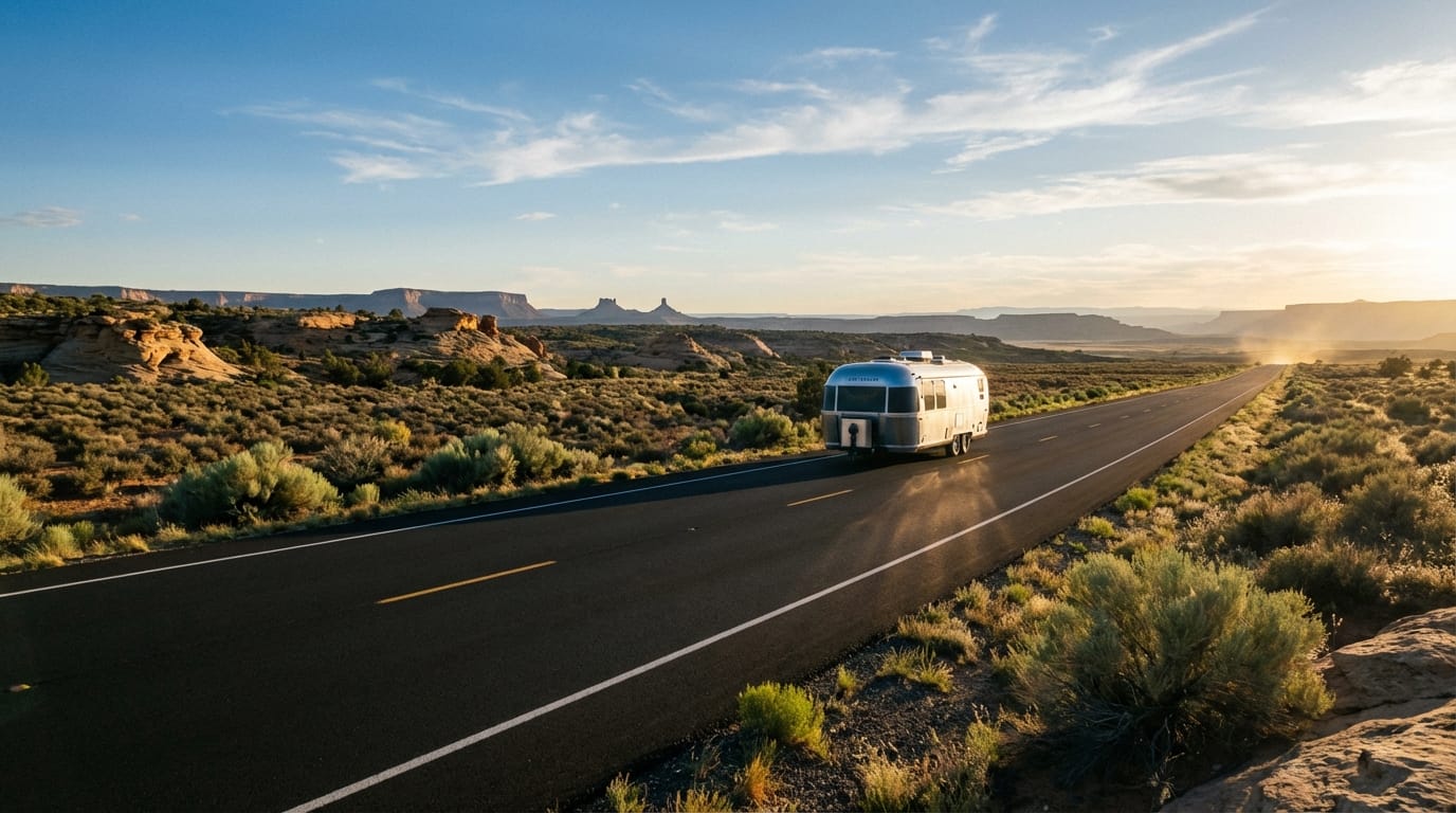 Silver travel trailer driving down a paved highway through a scenic desert landscape with sagebrush and red rock mesas during sunset
