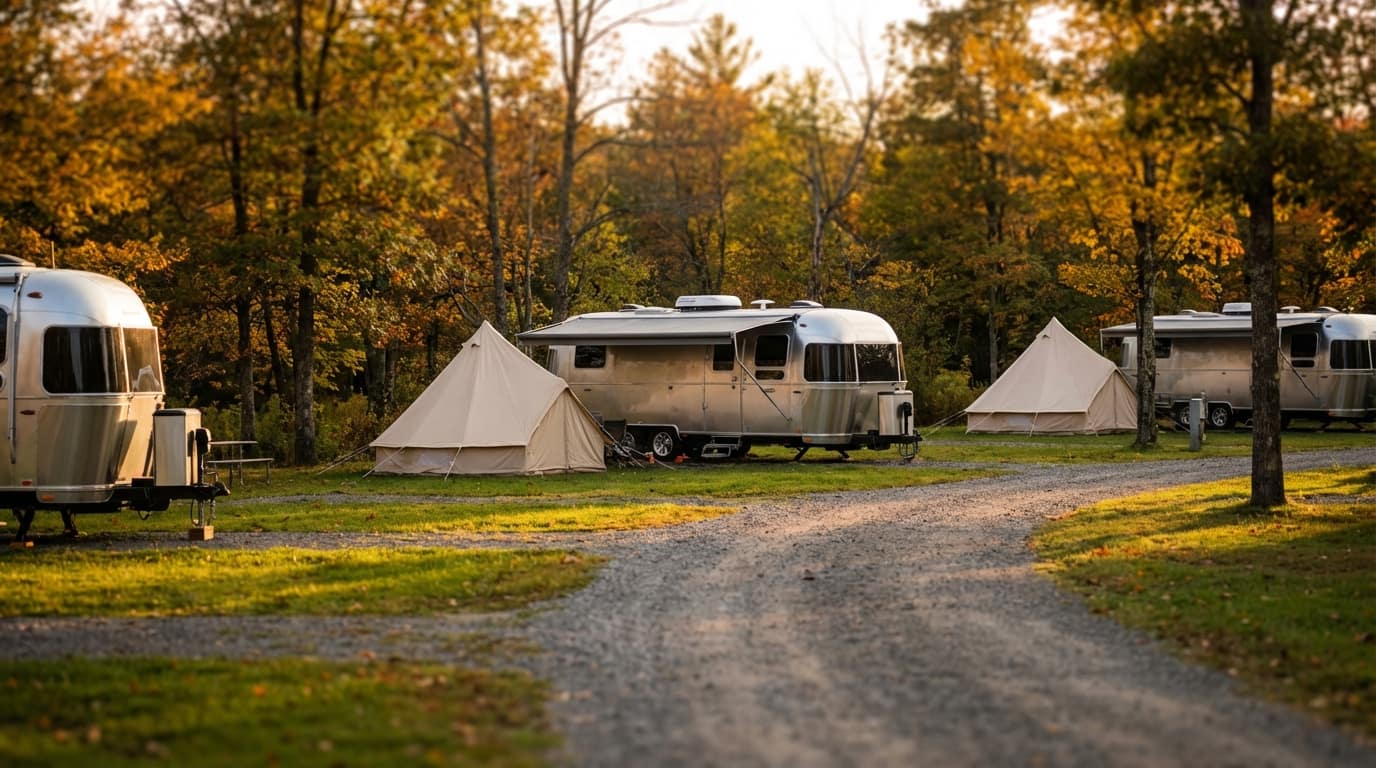 Silver Airstream-style trailers and canvas glamping tents set along a gravel road in a peaceful campground surrounded by trees with colorful autumn foliage.