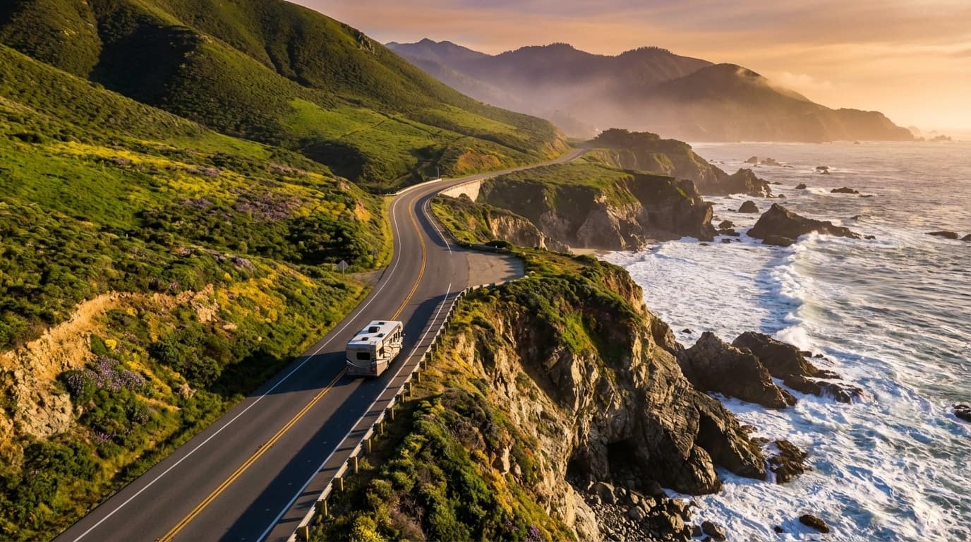 A large RV drives along a winding stretch of the Pacific Coast Highway in Big Sur, California, flanked by steep green mountains and rocky cliffs dropping into the ocean during a golden sunset