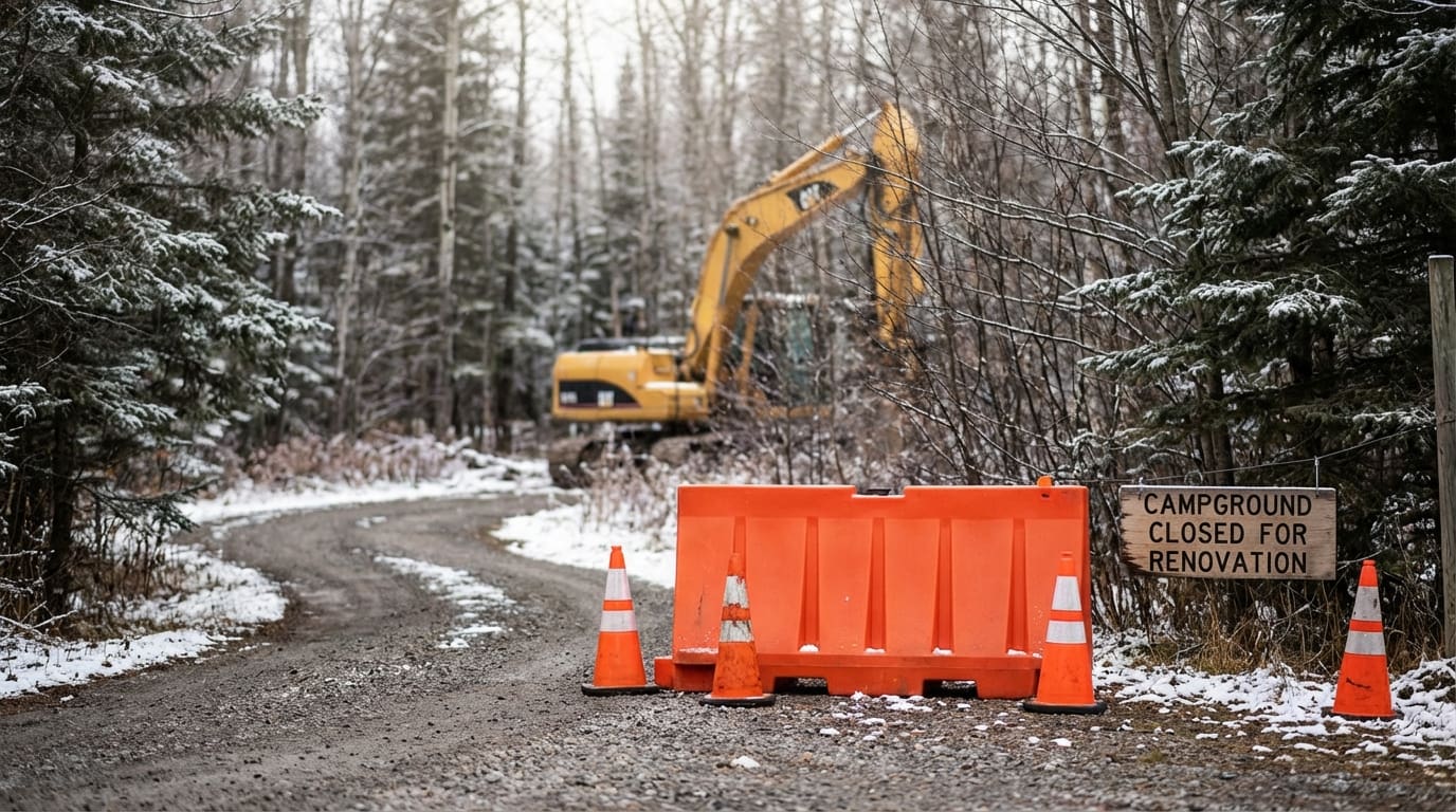 Orange construction barriers and traffic cones block a snowy gravel road next to a wooden sign reading Campground Closed For Renovation, with a yellow excavator visible in the forest background.