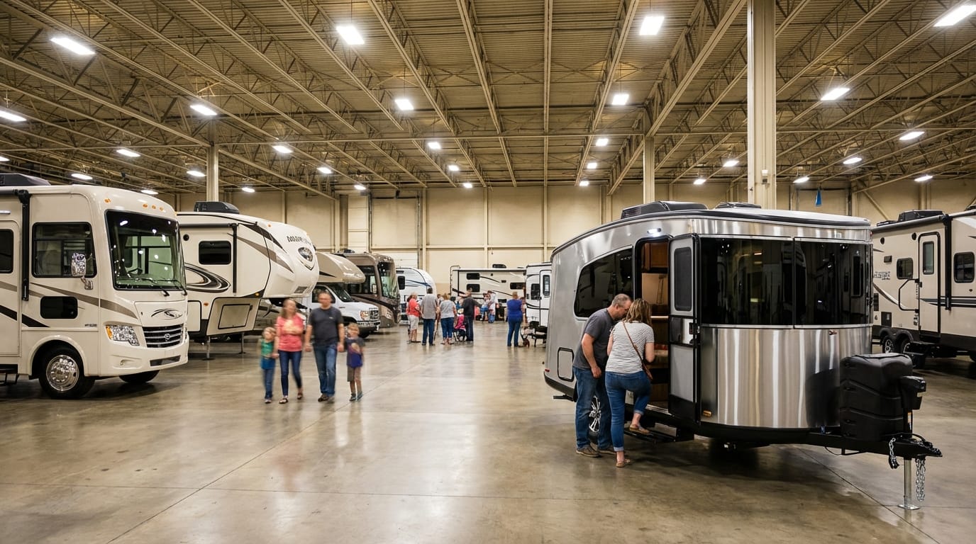 Families and potential buyers browse a selection of recreational vehicles at a large indoor RV show, featuring a couple inspecting a silver travel trailer and others walking past luxury motorhomes in an exhibition hall
