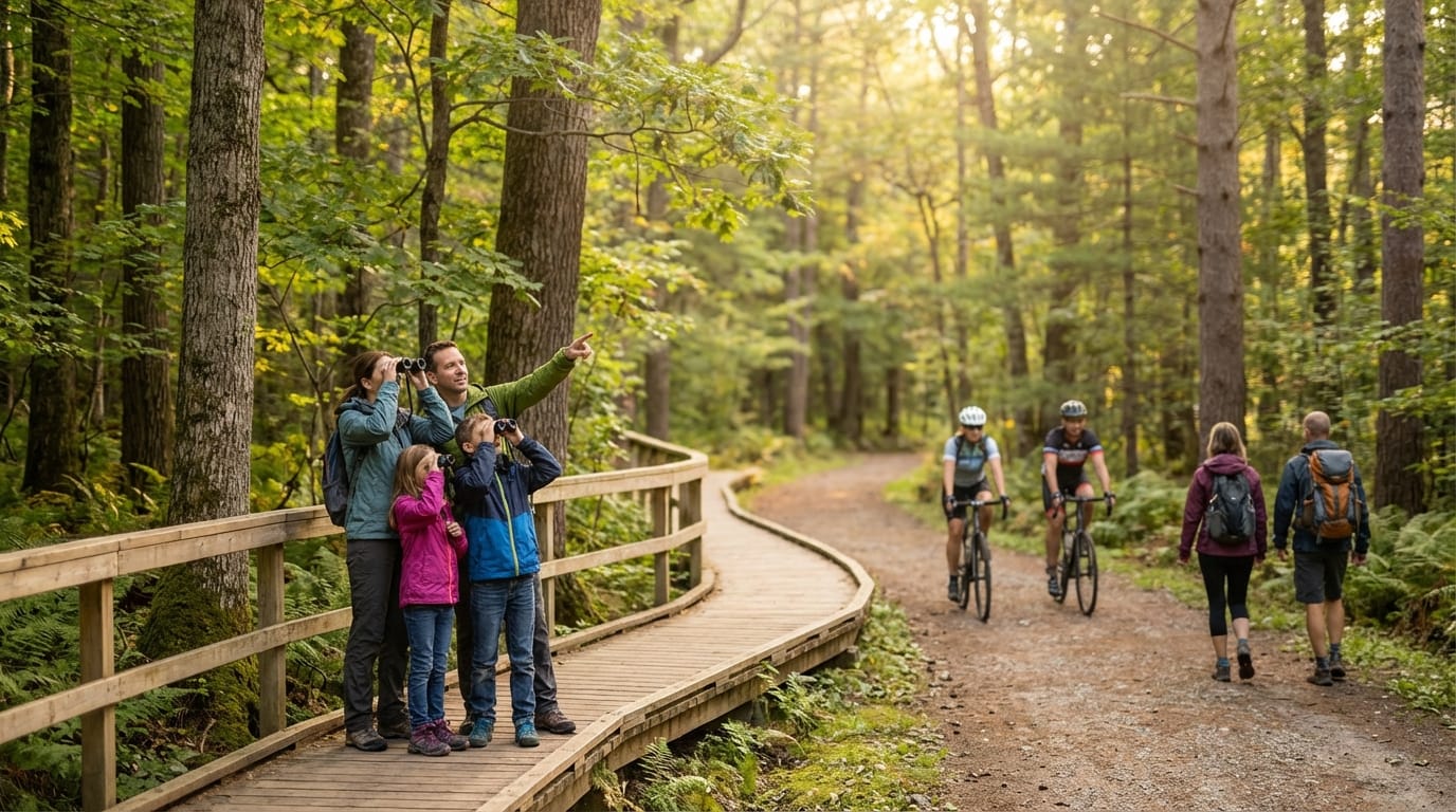 Family of four birdwatching with binoculars on a wooden boardwalk in a sunlit forest, standing near cyclists and hikers utilizing a parallel dirt trail.