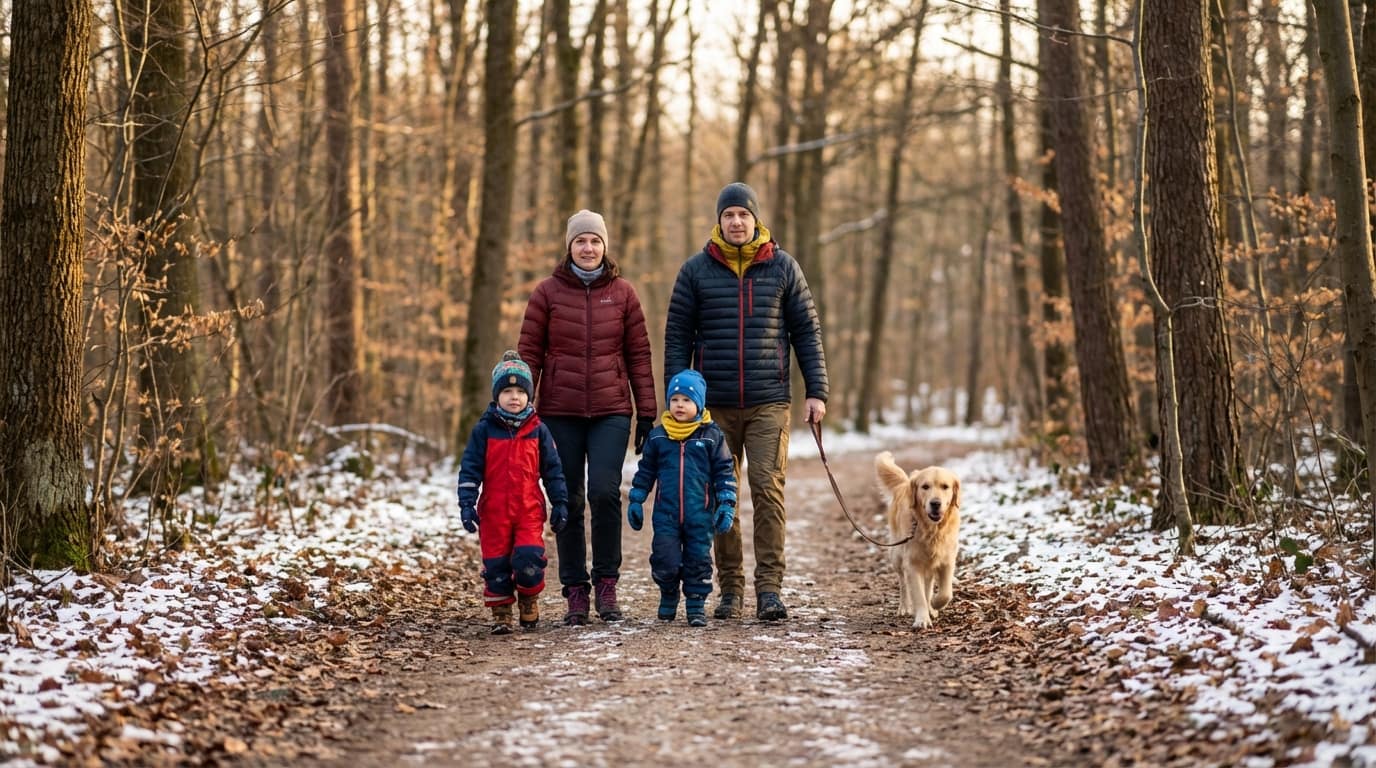 A family of four wearing warm winter clothing walks their Golden Retriever dog down a forest path covered in leaves and patches of snow.
