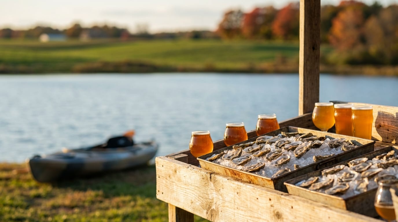Trays of fresh raw oysters on ice and glasses of amber beer arranged on a wooden table overlooking a scenic lake with a kayak on the shore and vibrant autumn foliage in the distance