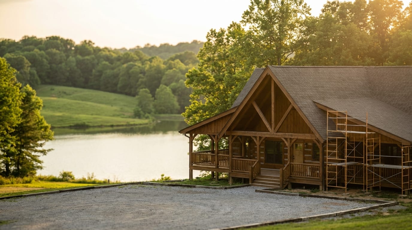 Large wooden lodge with construction scaffolding on the exterior overlooking a calm lake and green rolling hills during golden hour