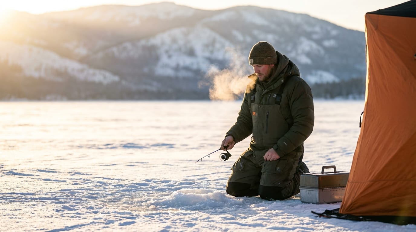 Man in green thermal gear kneeling on a frozen lake while ice fishing near an orange shelter, his breath steaming in the cold air with snow-covered mountains in the background.