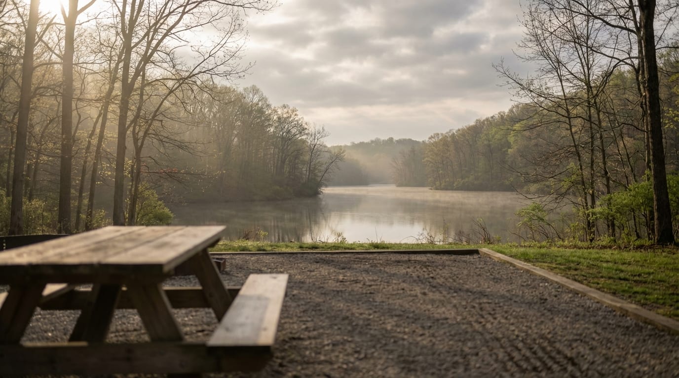 Wooden picnic table on a gravel campsite overlooking a misty lake surrounded by forest with sunlight filtering through the trees