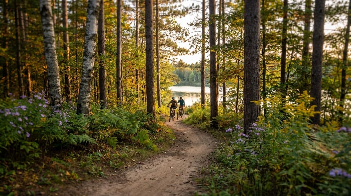 Two mountain bikers riding along a winding dirt trail through a forest of pine and birch trees with purple wildflowers and ferns lining the path, overlooking a calm lake during golden hour
