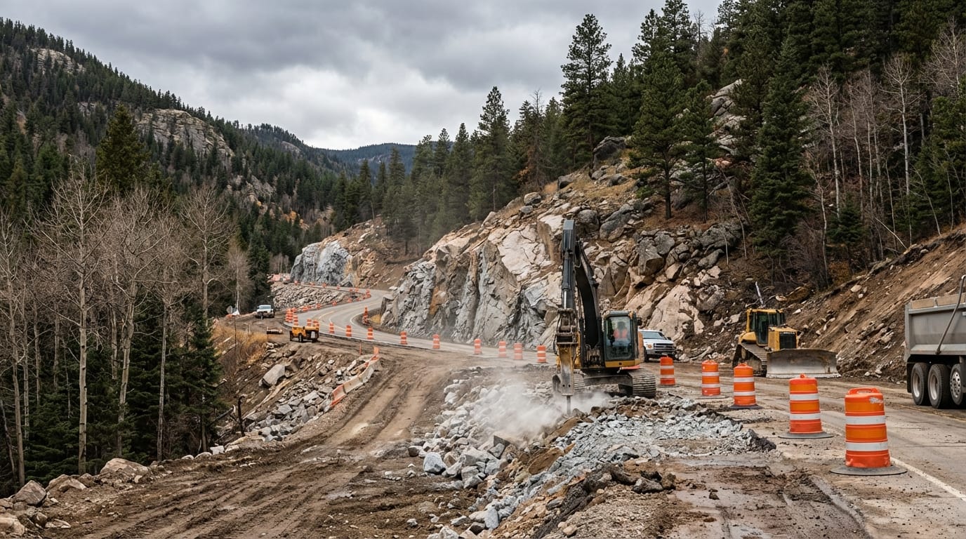 Excavator and bulldozer operating on a winding mountain road construction site lined with orange safety barrels and rocky cliffs under an overcast sky