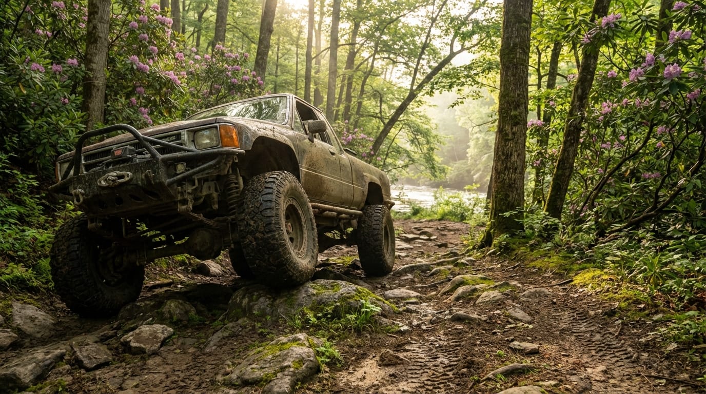 Muddy 4x4 pickup truck navigating large rocks on a rugged forest trail surrounded by blooming pink rhododendrons and sunlight filtering through the trees