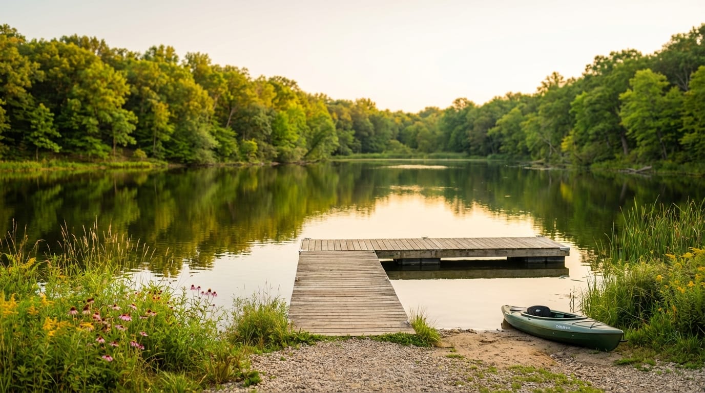A green kayak sits on a rocky shore next to a wooden dock extending into a calm lake surrounded by dense green forest and wildflowers at sunset