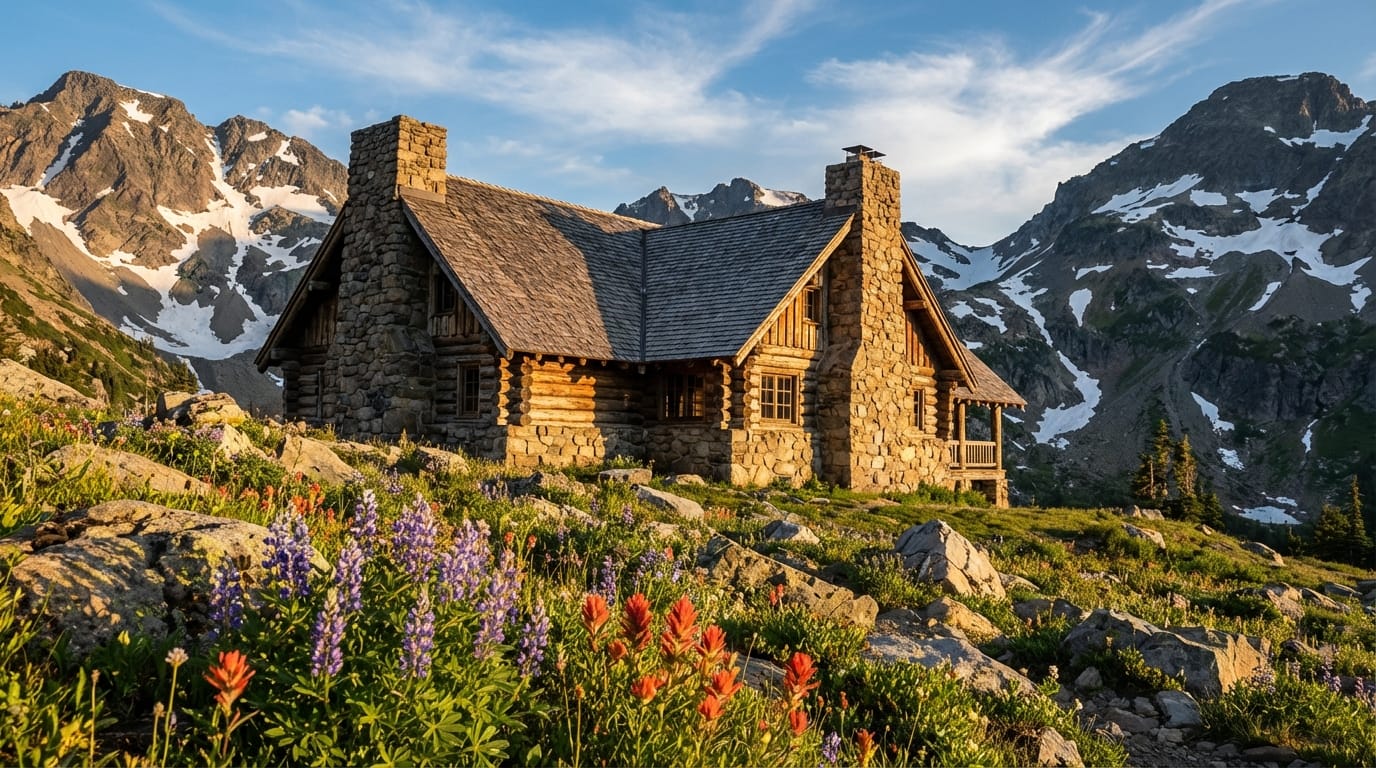 Rustic stone and log cabin nestled in an alpine meadow featuring blooming purple lupine and red paintbrush wildflowers with jagged snow-capped mountain peaks in the background