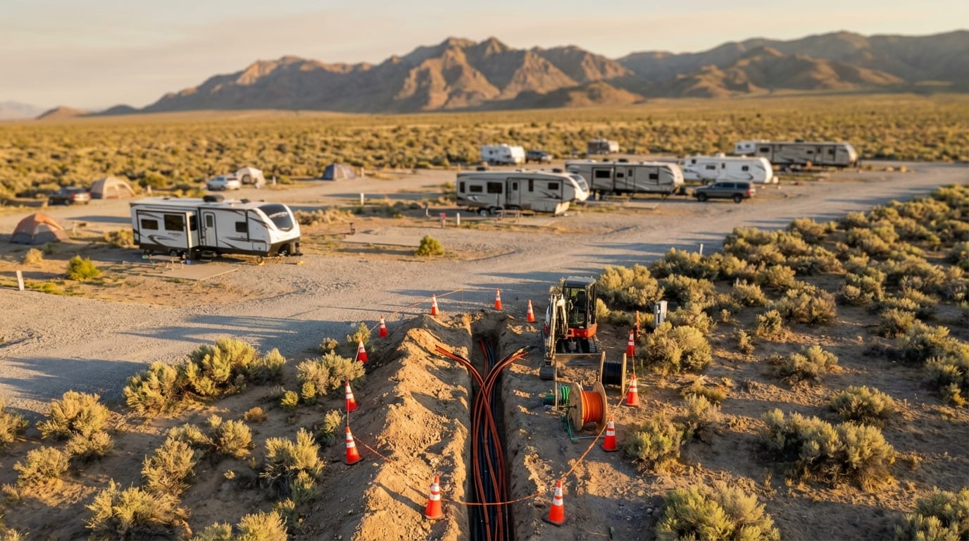 Construction trench filled with cables and conduit runs through a desert RV park, surrounded by orange safety cones and a small excavator with campers and mountains in the distance.