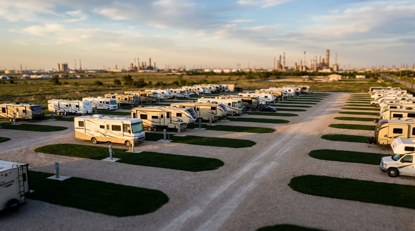 Aerial view of rows of recreational vehicles and travel trailers parked at a gravel campground with grass strips, set against a backdrop of a large industrial refinery complex with smokestacks on the horizon at sunset.