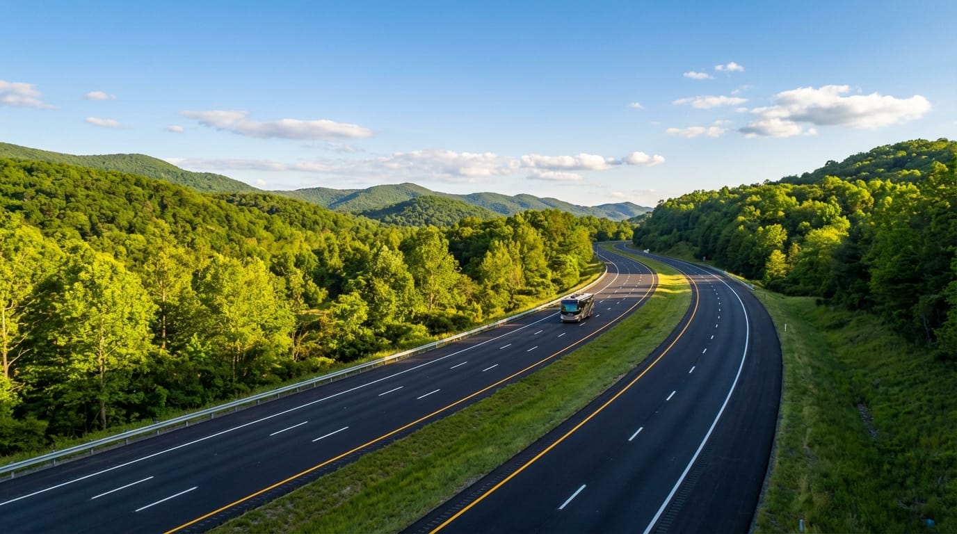 Aerial view of a large RV traveling along a winding divided highway surrounded by lush green mountains and dense forests under a bright blue sky with scattered clouds.