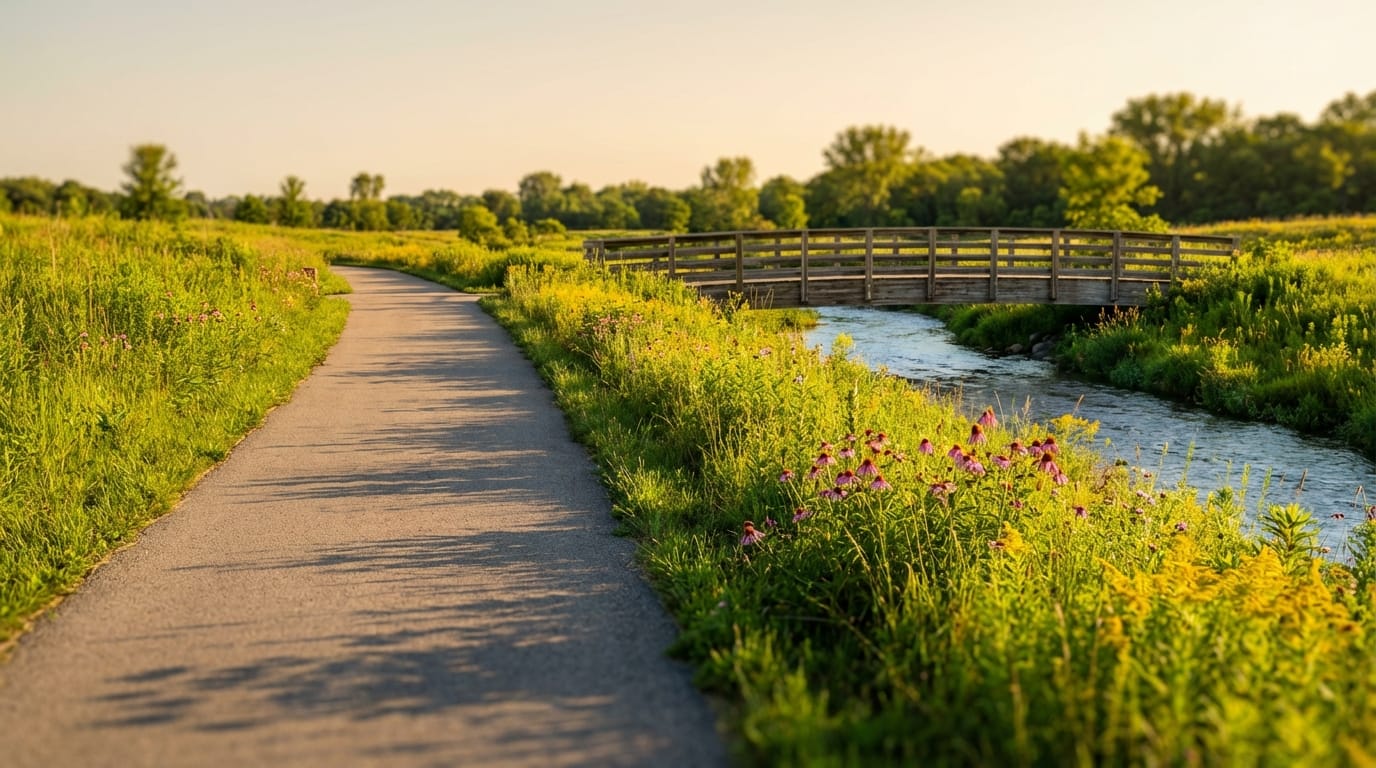Paved walking trail winding through a lush green prairie with purple coneflowers and a flowing creek crossed by a wooden footbridge under warm sunset light
