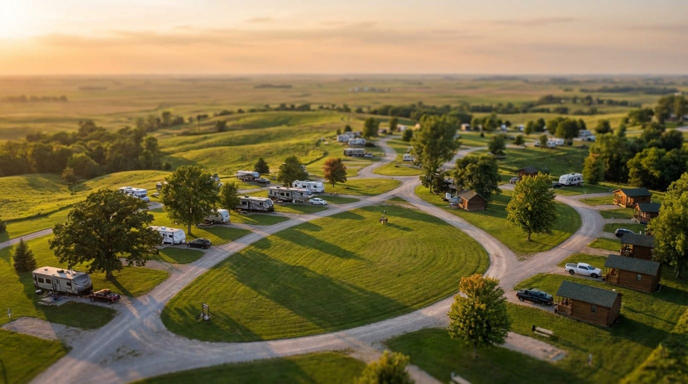 Aerial view of a sprawling rural campground featuring parked RVs, travel trailers, and small wooden cabins situated along winding gravel roads amidst rolling green hills during a golden sunset