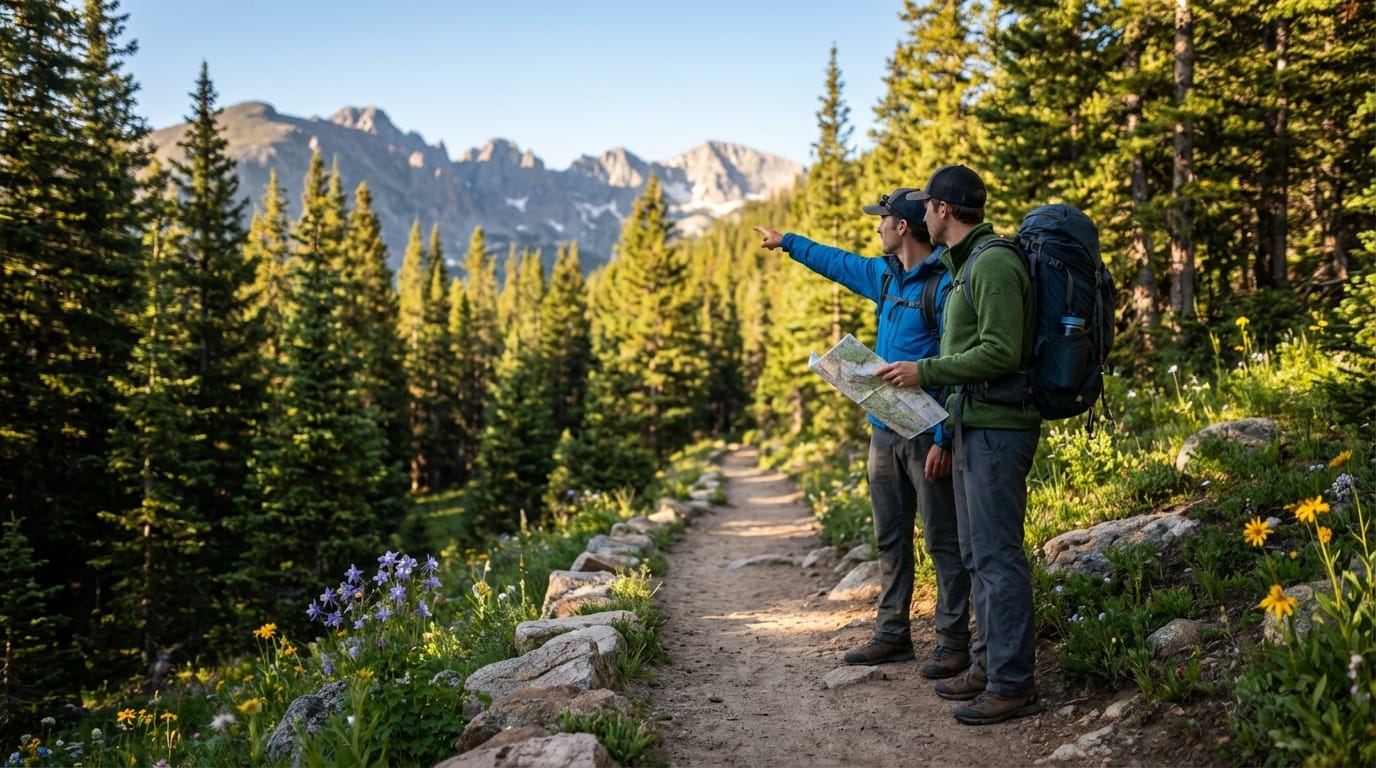 Two hikers wearing backpacks pause on a dirt trail lined with pine trees and wildflowers, with one man in a blue jacket pointing toward distant mountain peaks while his companion in green consults a map.