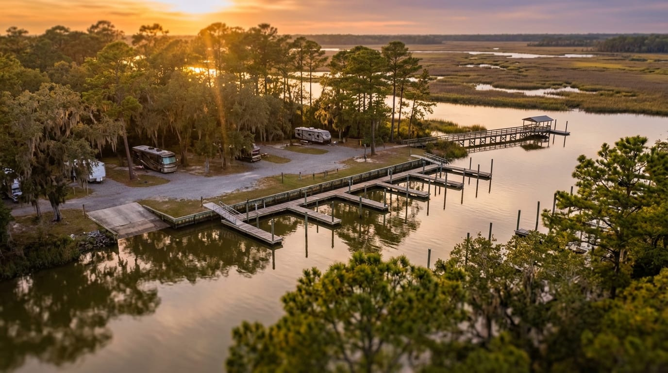 Aerial view of a waterfront RV campground at sunset, featuring a concrete boat ramp, wooden boat slips, and a long fishing pier extending into a calm river bordered by marshlands and trees draped in Spanish moss.