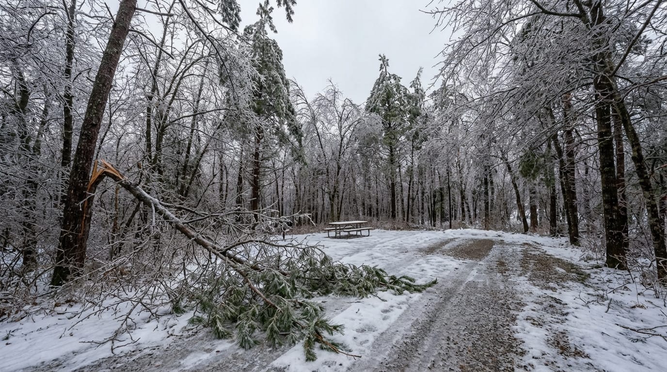 Large broken pine branch lying on a snowy path in a forest coated in heavy ice with a picnic table in the background
