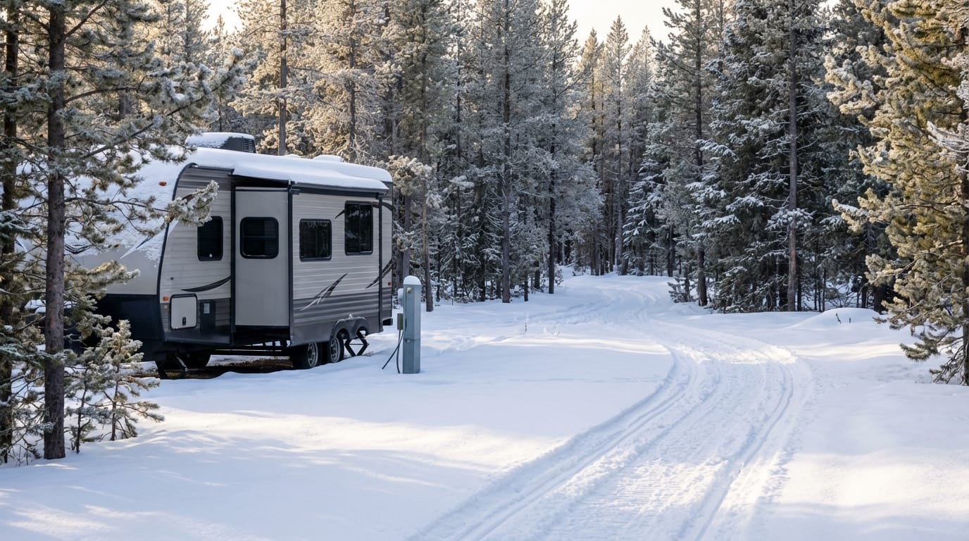 Travel trailer RV parked at a campsite in a snowy pine forest with snow piled on its roof and tire tracks on the adjacent road