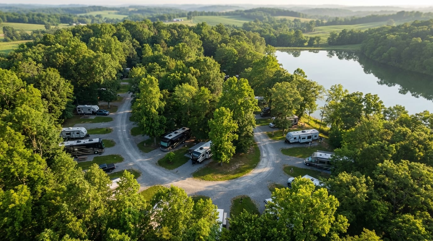 Aerial view of a scenic RV campground nestled among dense green trees next to a calm lake, featuring gravel roads looping through the forest with various motorhomes and travel trailers parked in campsites against a backdrop of rolling rural hills.