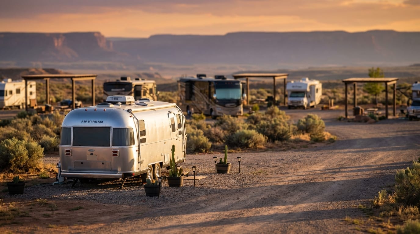 Silver Airstream trailer parked in a scenic desert RV campground with gravel lots, sagebrush, and other motorhomes under wooden shelters against a backdrop of distant mesas at sunset