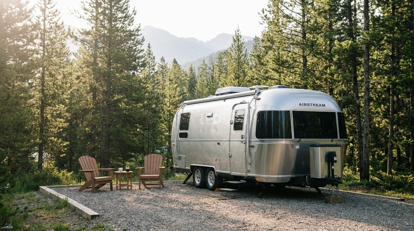Silver Airstream travel trailer parked on a gravel campsite surrounded by tall pine trees with mountains in the distance, featuring two wooden Adirondack chairs and a side table sitting in the sunlight