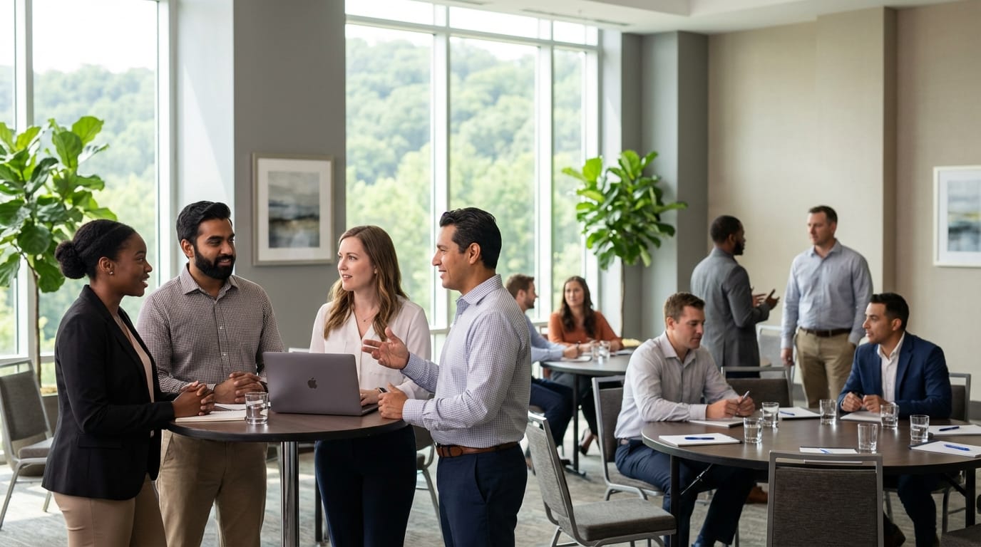 Diverse group of business professionals collaborating at a high-top table in a bright modern office, with a man gesturing while speaking to colleagues and a woman using a laptop, while other groups network at tables in the background