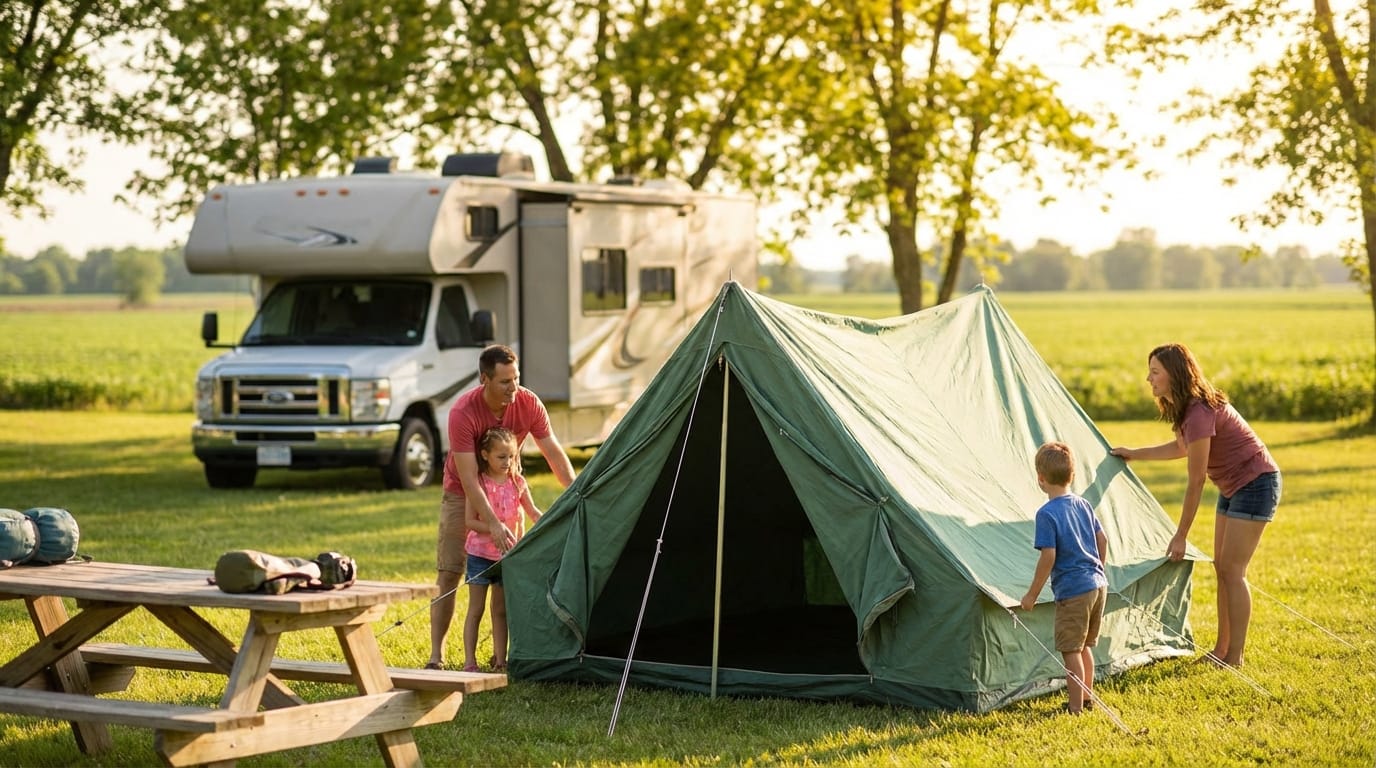 A family of four works together to pitch a green canvas tent on a sunny grassy campsite with a large Class C motorhome parked in the background and a wooden picnic table holding camping gear in the foreground