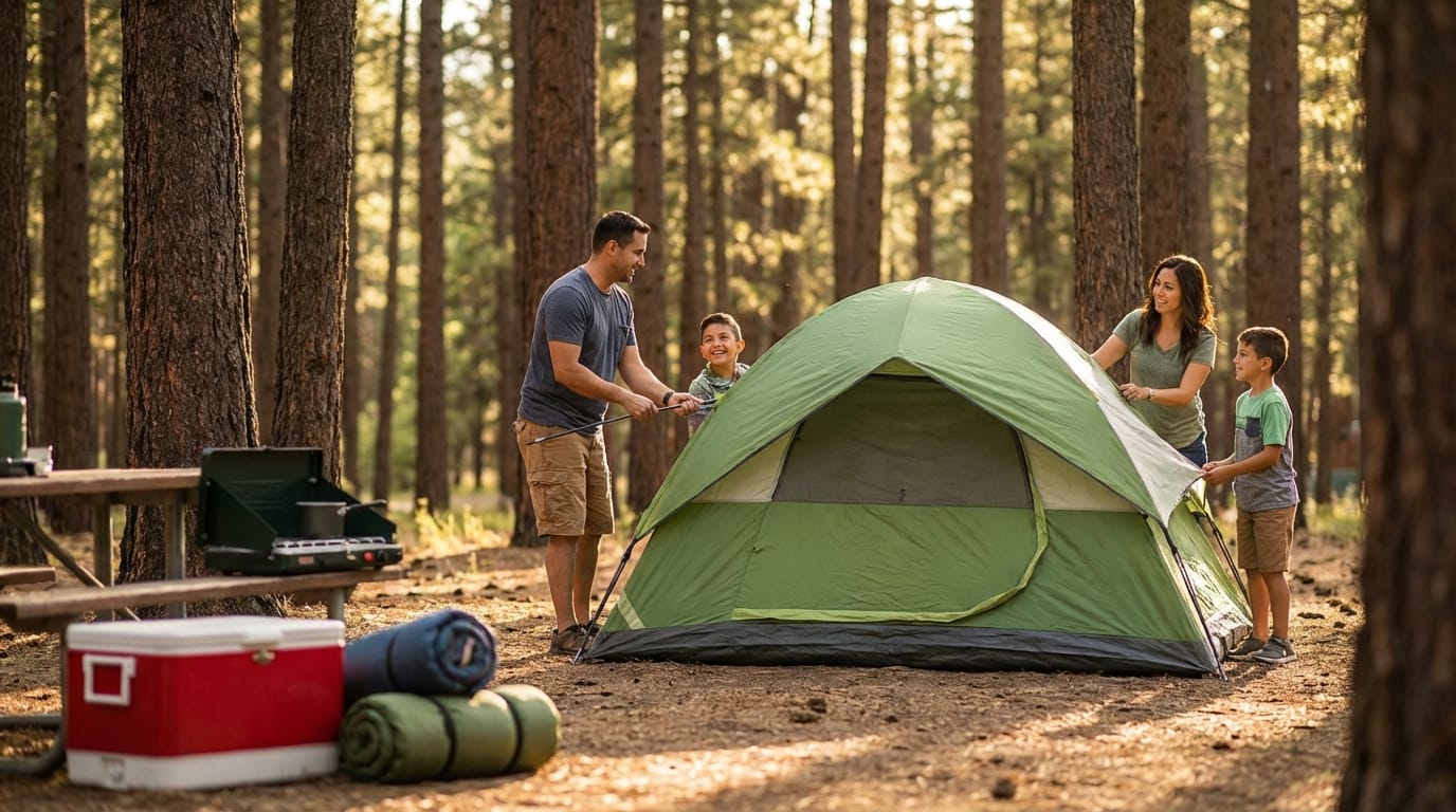 Family of four smiling as they work together to pitch a green tent in a sunny pine forest, with camping gear including a red cooler, rolled sleeping bags, and a portable stove on a picnic table in the foreground