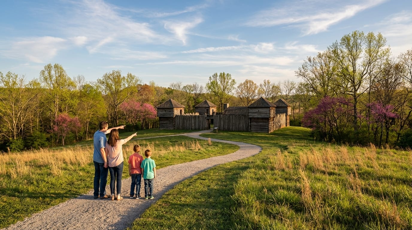 A family of four stands on a gravel path pointing toward a historic wooden frontier fort surrounded by grassy fields and flowering spring trees.