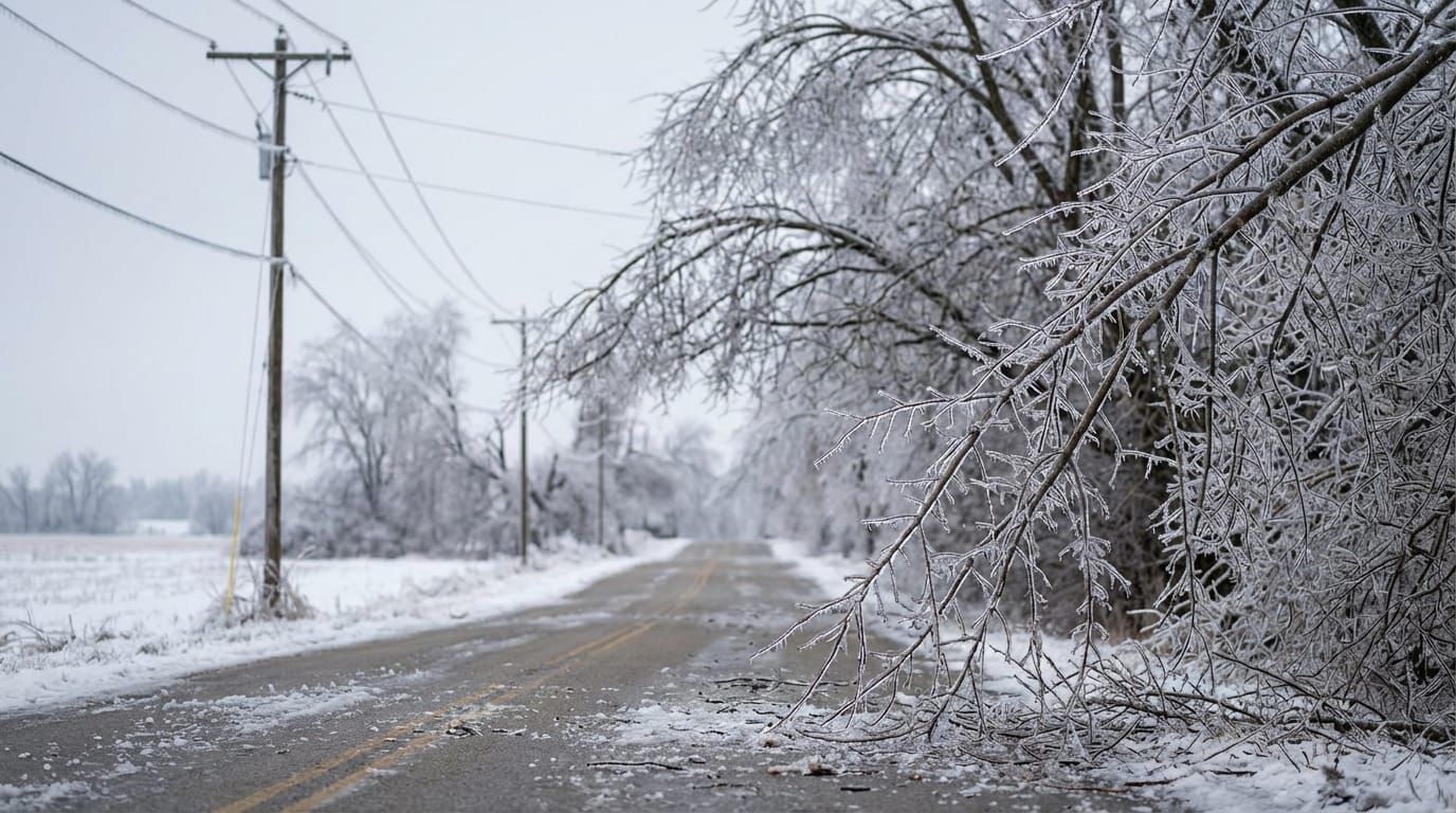 Tree branches encased in thick ice hang low over a slushy rural road lined with utility poles and power lines during a severe winter ice storm
