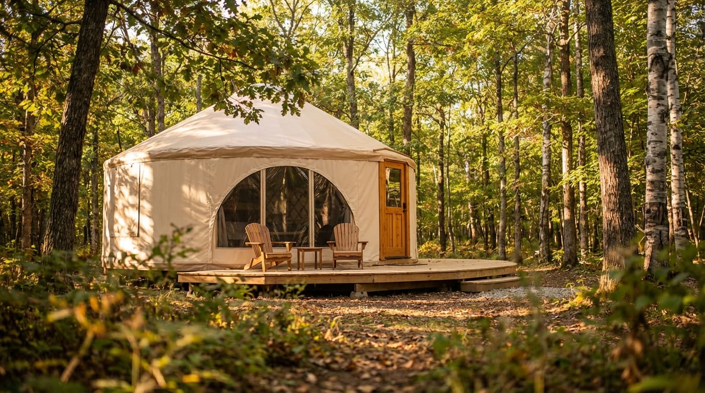 Beige canvas yurt positioned on a raised wooden deck in a sunlit forest, featuring two Adirondack chairs and a small table in front of a large semi-circular window