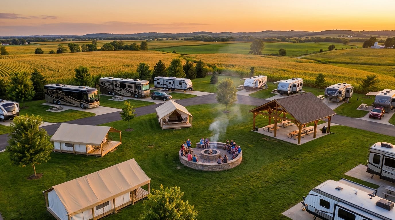 Aerial view of a luxury RV resort and glamping site at sunset, featuring a group of people gathered around a large central fire pit surrounded by canvas tents, parked motorhomes, a covered pavilion, and rolling golden cornfields.