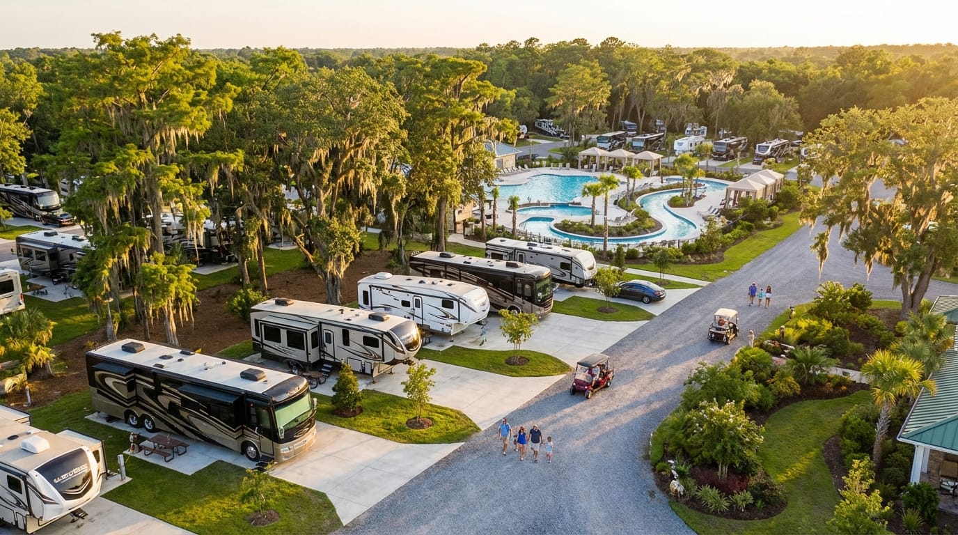 Aerial view of a luxury RV resort featuring paved campsites with large motorhomes and trailers, surrounded by oak trees draped in Spanish moss, with a winding swimming pool complex in the background and a family walking along a gravel road near golf carts during sunset