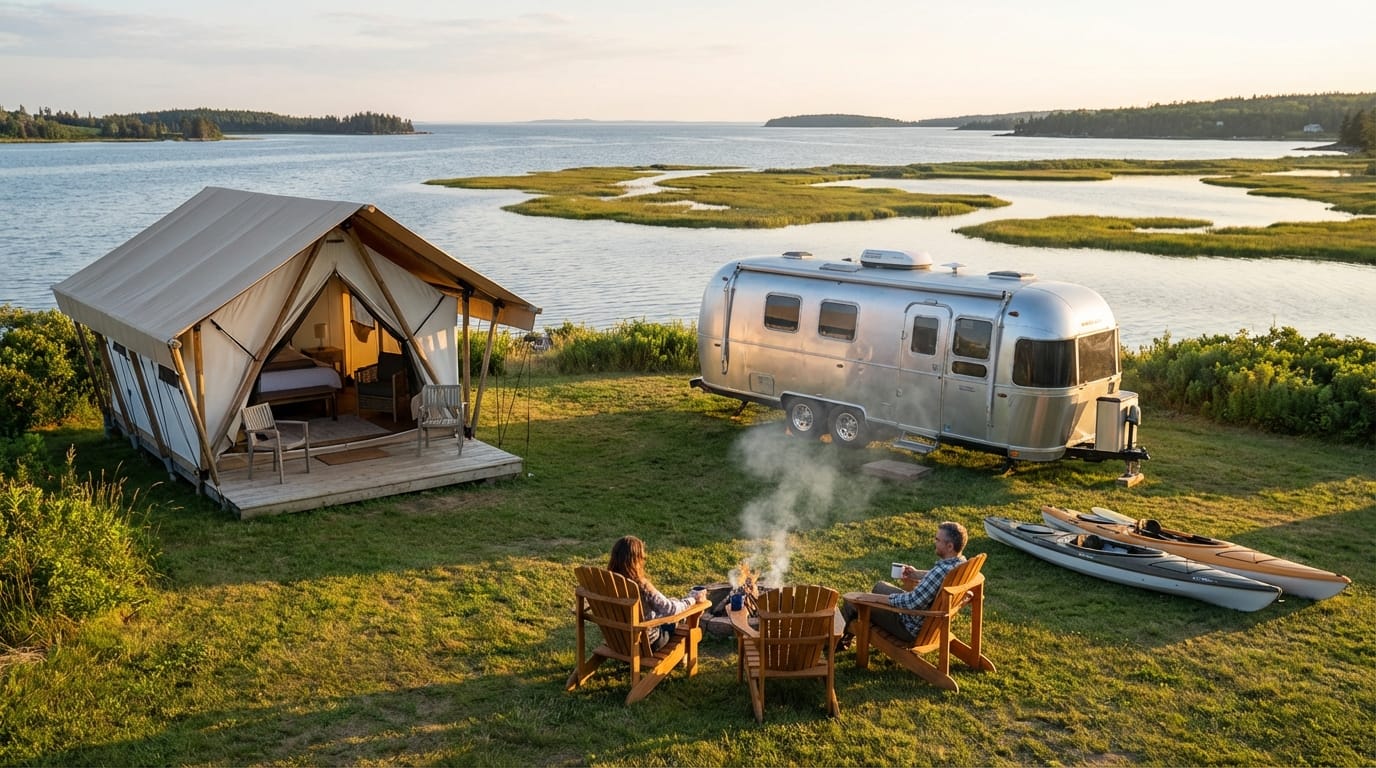 A couple relaxes in Adirondack chairs around a campfire on a grassy bluff, positioned between a luxury canvas glamping tent and a silver Airstream travel trailer, with kayaks resting nearby overlooking a scenic coastal bay at sunset