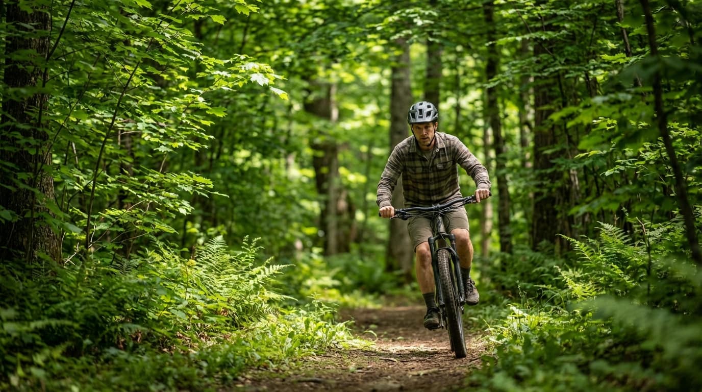 Man wearing a helmet and plaid shirt riding a mountain bike along a dirt trail in a dense, lush green forest