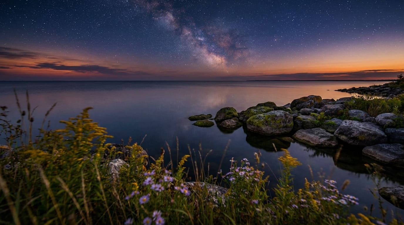 Milky Way galaxy lighting up the starry night sky over a calm lake shoreline featuring mossy rocks and vibrant wildflowers in the foreground with a faint sunset glow on the horizon
