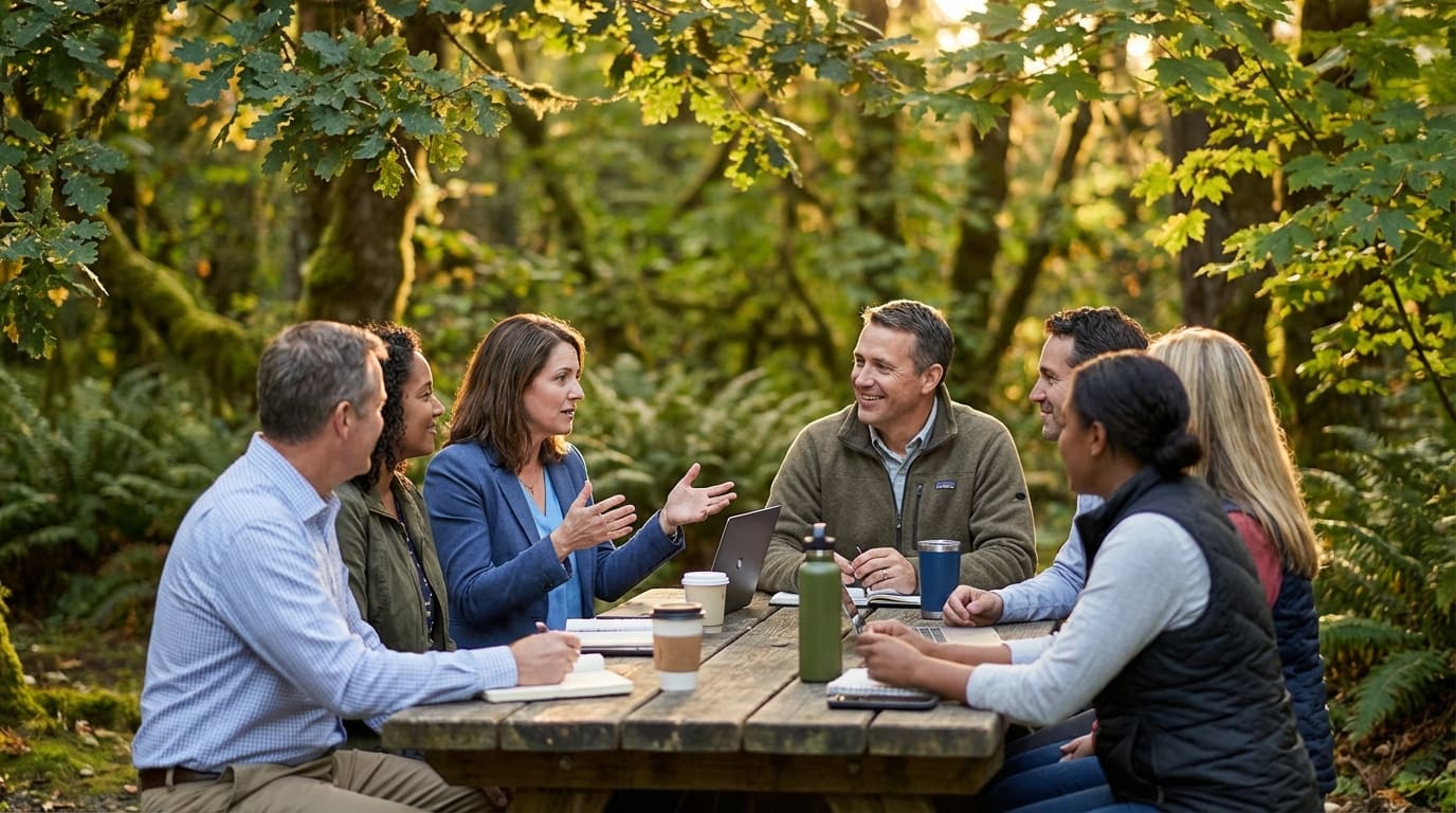 Group of seven professionals sitting around a wooden picnic table in a sunlit forest for an outdoor business meeting, with a woman in a blue blazer gesturing while speaking to smiling colleagues surrounded by laptops, coffee cups, and greenery