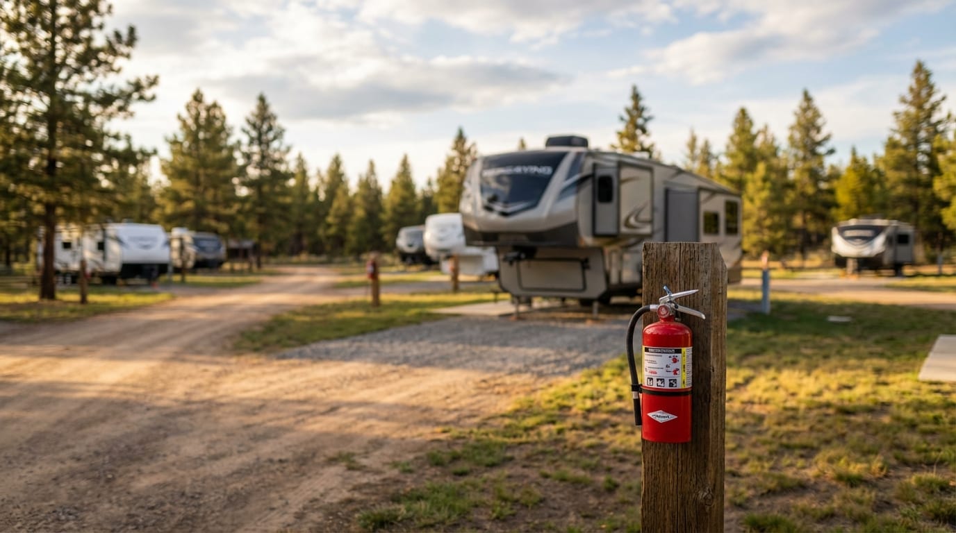 Red fire extinguisher mounted on a wooden post in the foreground of a sunny RV campground with camper trailers and pine trees in the background