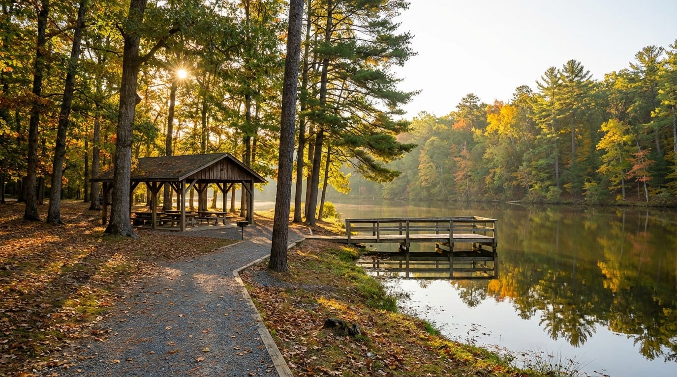 Gravel path leading past a wooden picnic shelter toward a dock on a calm lake surrounded by colorful autumn forest foliage with a sunburst peaking through the trees