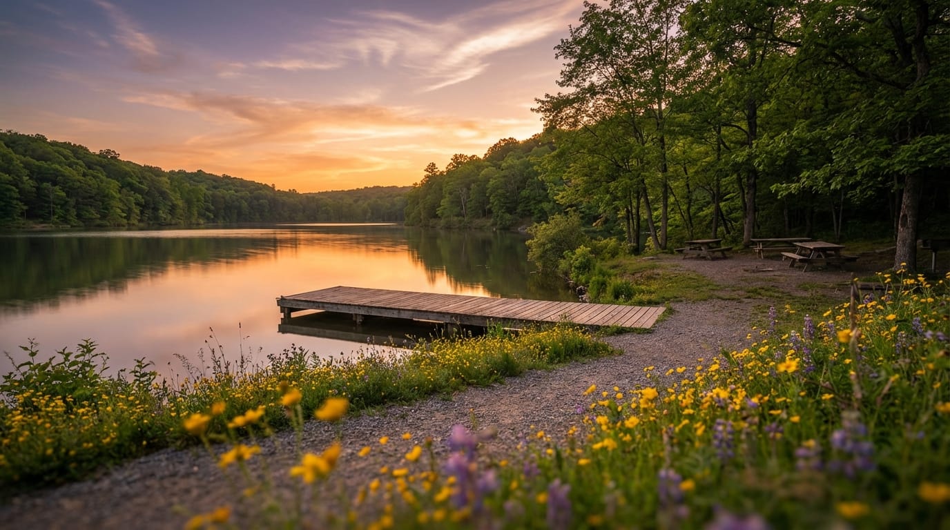 Wooden dock extending into a calm lake at sunset with orange and purple hues reflecting on the water, framed by a gravel path lined with yellow and purple wildflowers and a forest background with picnic tables