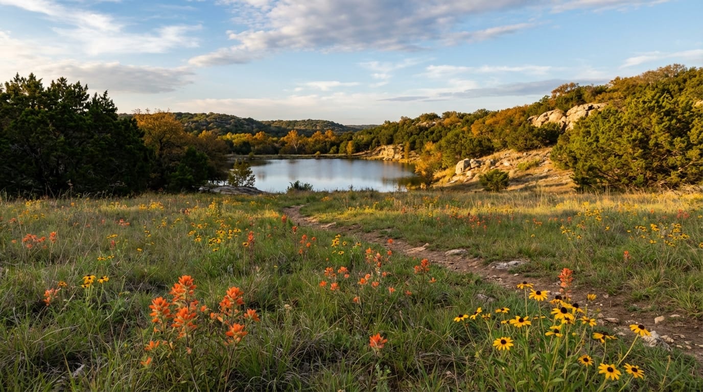 Dirt hiking trail winding through a meadow of orange Indian paintbrush and yellow wildflowers toward a calm lake surrounded by tree-covered hills under a partly cloudy blue sky