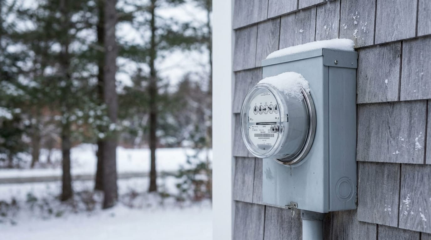 Snow-covered residential electric meter mounted on the gray shingled siding of a house with a blurred wintry landscape in the background