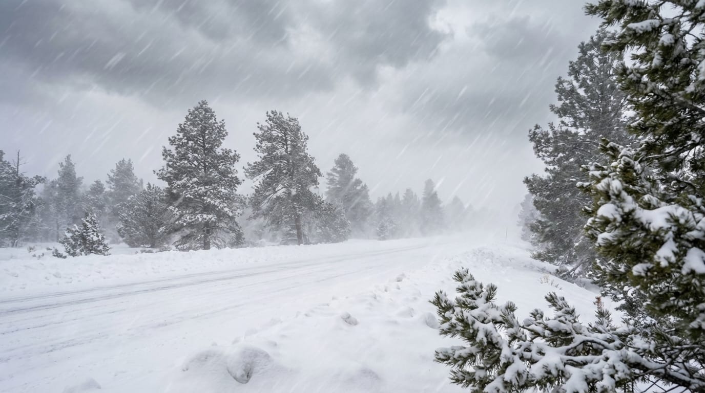 Heavy snow falls diagonally on a snow-covered road lined with pine trees during a severe winter storm with low visibility and gray skies