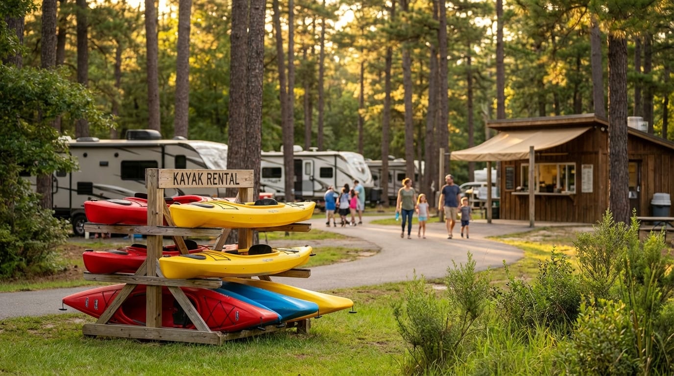 Wooden rack labeled Kayak Rental holding red, yellow, and blue kayaks sits on the grass at a wooded RV park, with families walking along a paved path past parked campers and a small wooden cabin.