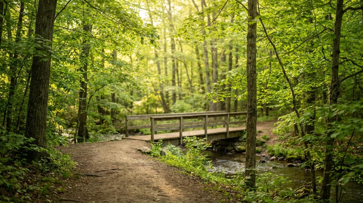 Dirt hiking path leading to a wooden footbridge over a small stream in a lush green forest with dappled sunlight filtering through the trees
